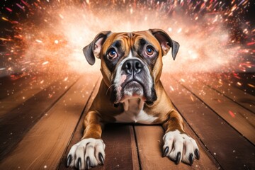 
Photo of a Boxer with three paws on the ground and one paw raised, showing signs of distress and...