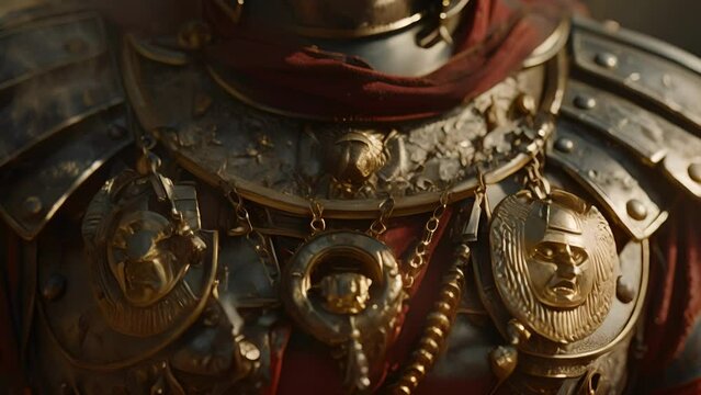 A legionary adorned with trophies and medals earned in battles proudly displaying his achievements as a symbol of his dedication to the Roman army.
