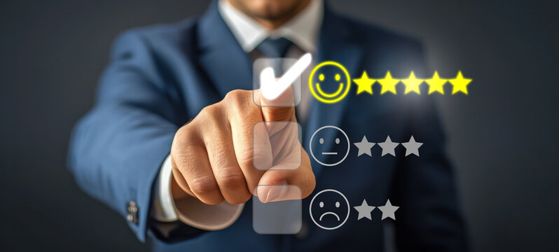 Satisfaction concept Business man and woman people are touching the virtual screen rating very impressed Customer service smiley face icon