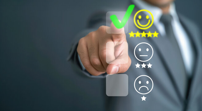Satisfaction concept Business man and woman people are touching the virtual screen rating very impressed Customer service smiley face icon