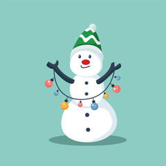 Cute Snowman with Garland Light Character Design Illustration