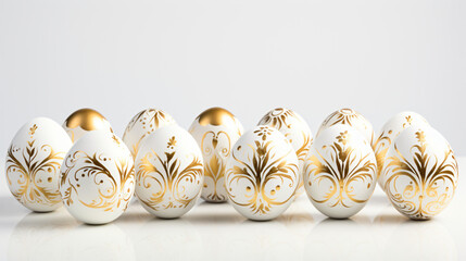 White and gold painted Easter eggs on white background