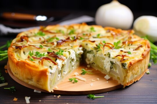 Photo of a savory tart filled with caramelized onions, sweet garleek, and creamy goat cheese, fresh from the oven, combining the sweetness of leeks and the pungency of garlic in a delectable pastry