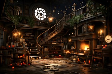 3d rendering of a fantasy house at night with stairs and lights - obrazy, fototapety, plakaty