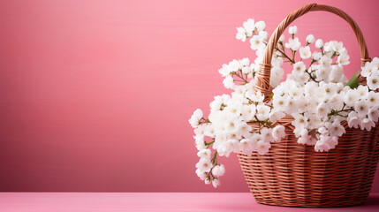 White flowers in wooden basket on pink spring background