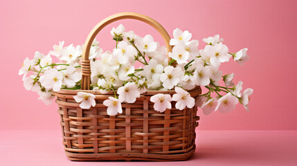 Obraz na płótnie Canvas White flowers in wooden basket on pink spring background