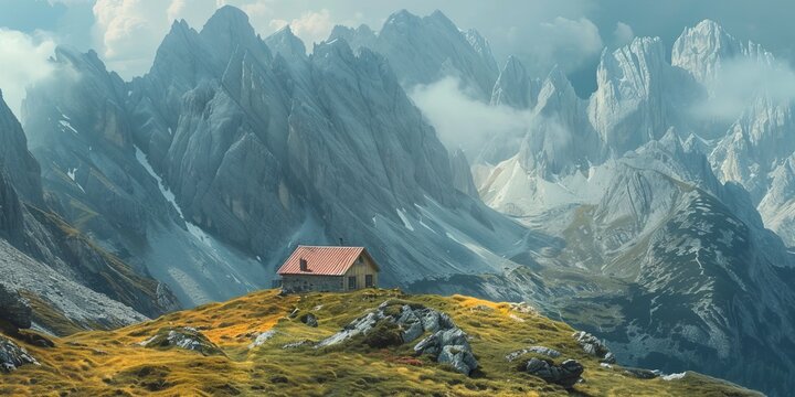 A small house nestled among towering mountains, leaving space for a real estate advertisement.
