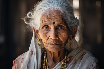 Elderly Brahmin woman gracefully adorned in a white sari and sporting silver hair, her face radiating wisdom and serenity, embodying the dignity of Brahmin women in their later years