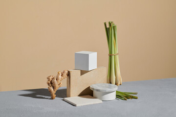 Lemongrass and fresh ginger with podiums
