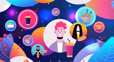 mix race people discussing during virtual conference ordering take away food online horizontal