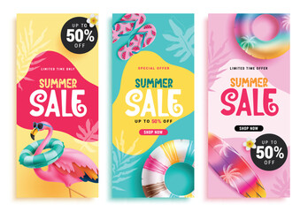 Summer sale text vector poster set. Summer sale season promotion with limited time and special offer text poster layout collection. Vector illustration summer discount flyers design.
