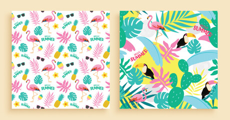Summer seamless pattern vector poster set. Summer hello greeting with pink flamingo, toucan bird, cactus and tropical leaves for endless pattern wallpaper background. Vector illustration summer 