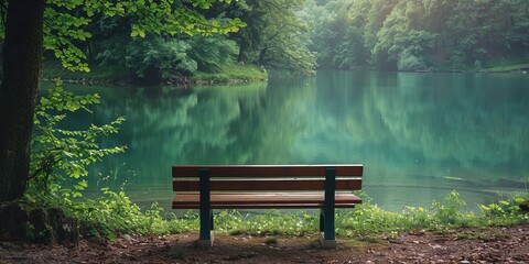 A lone bench overlooking a tranquil lake, leaving space for a meditation or mindfulness message