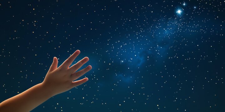 A child's hand reaching out to touch a star in a night sky, leaving space for inspirational text