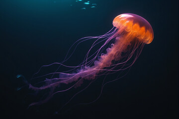 A jellyfish drifting through a dark ocean, neon style