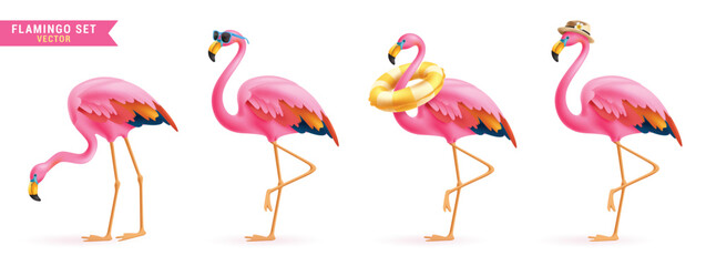 Summer flamingo vector set design. Flamingo bird in pink and colorful feather wearing sunglasses, floaters and hat for tropical season cute animal collection. Vector illustration flamingo bird 