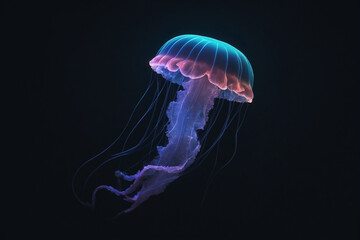 Fototapeta premium A jellyfish drifting through a dark ocean, neon style