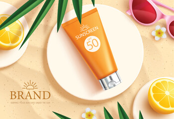 Summer sunscreen vector template design. Summer sunblock lotion with spf 50 for hot sun protection product promotion advertisement. Vector illustration summer sunscreen ads.
