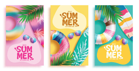 Hello summer vector poster set design. Summer hello greeting text with colorful floaters, surfboard and sunglasses beach elements for tropical season background. Vector illustration summer hello 