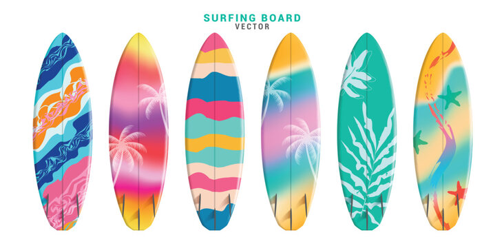 Summer surfboard elements vector set design. Summer surfing board in colorful printed pattern collection for tropical season water sport activity 3d realistic element. Vector illustration  summer 