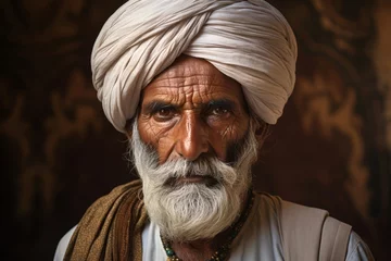 Fotobehang Elderly Kshatriya man, his regal bearing and dignified appearance accentuated by traditional attire and perhaps a turban or headgear, embodying the wisdom and leadership q © Hanna Haradzetska
