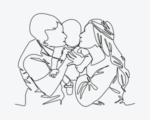 Continuous one line drawing of parents kissing their baby. Editable stroke. Vector illustration.