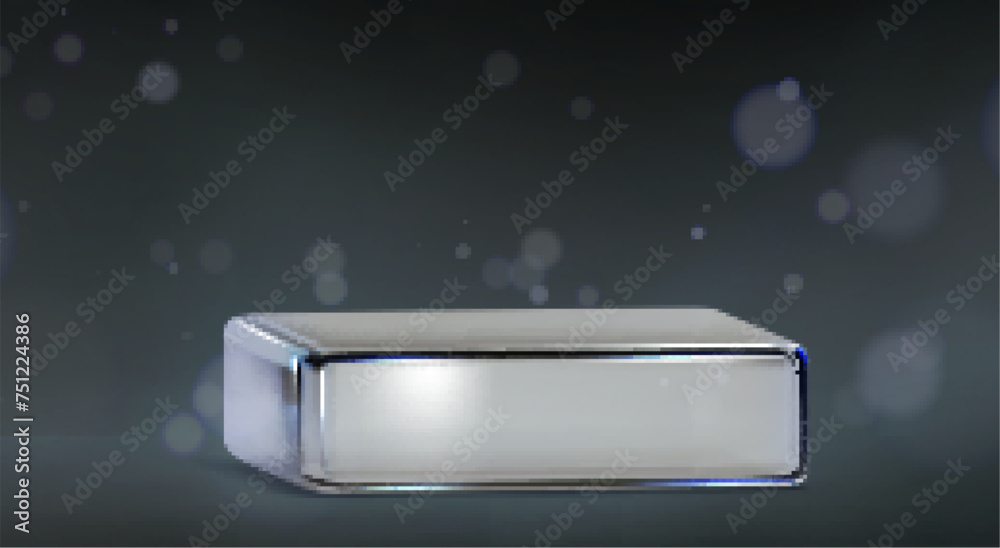 Poster glass square transparent product podium mockup with light bokeh effect on black background. realisti