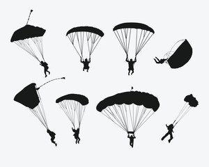 Skydiving set silhouettes. Skydiver, parachute, extreme sport. Different pose, gesture. Isolated background. Vector illustration.