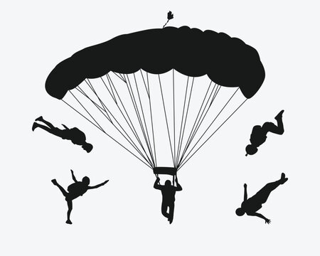 Skydiving set silhouettes. Skydiver, parachute, extreme sport. Different pose, gesture. Isolated background. Vector illustration.