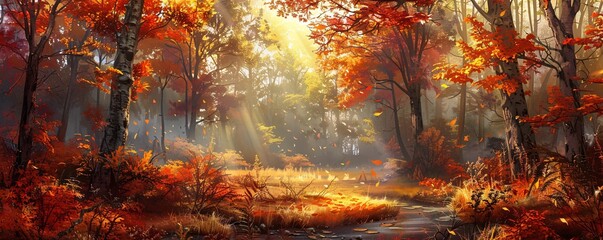 Autumn's Golden Glow A Sunlit Forest Scene Generative AI