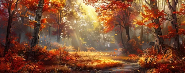 Foto op Canvas Autumn's Golden Glow A Sunlit Forest Scene Generative AI © BIPUL