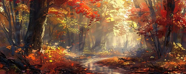 Autumn's Golden Glow A Forest of Reds and Yellows Generative AI