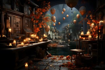 Mysterious halloween background with candles. 3d rendering - obrazy, fototapety, plakaty