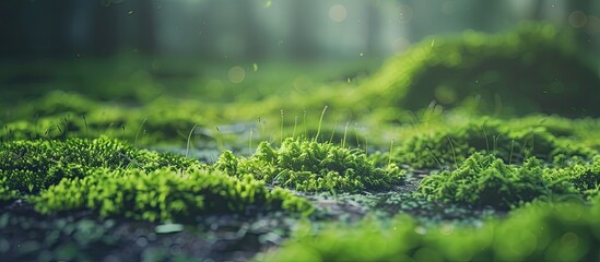 Lush green moss grows abundantly on the forest floor, creating a carpet of vibrant foliage. The moss thrives in the damp, shaded environment of the woodland. - obrazy, fototapety, plakaty