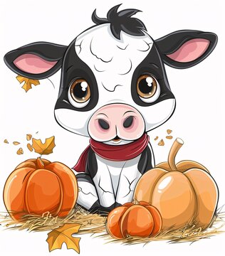 recommend clip art: Cute Cow with Pumpkins and Leaves A Fall-themed Cartoon Generative AI