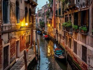 Narrow streets of Venice on a quiet summer evening, overlooking canals and passing gondolas 