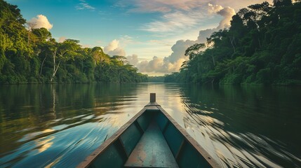 Boating down the Amazon River, with the dense rainforest on either side and the sounds of exotic wildlife