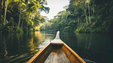 Boating down the Amazon River, with the dense rainforest on either side and the sounds of exotic wildlife