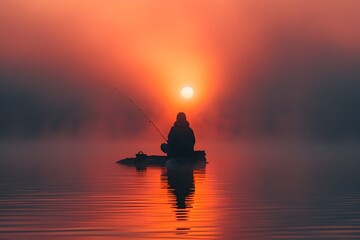 Man Fishing at Misty Sunset Lake
