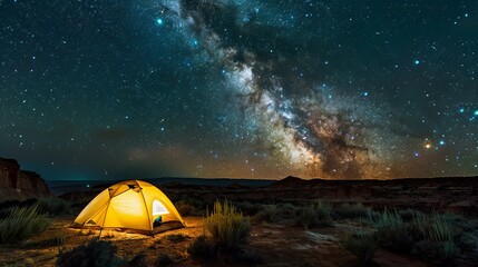 Fototapeta na wymiar Camping under the stars in Utah, with a clear view of the Milky Way arching over the desert landscape