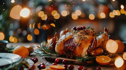 Holiday Glow A Festive Roasted Chicken with Seasonings and Fresh Berries Generative AI