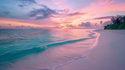 Crystal-clear turquoise waters gently lapping at the white sandy beaches of the Maldives, with a serene sunset in the background - obrazy, fototapety, plakaty