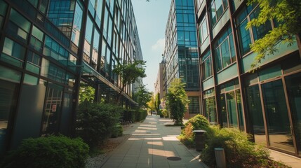 Alley with office buildings with green plants around - obrazy, fototapety, plakaty