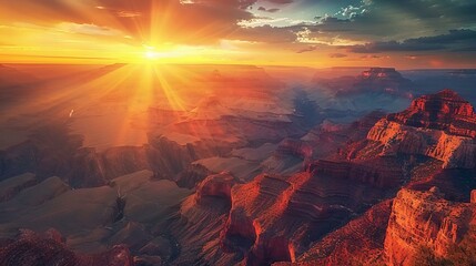 Dawn breaking over the Grand Canyon, with the first rays of sun illuminating the red cliffs - obrazy, fototapety, plakaty