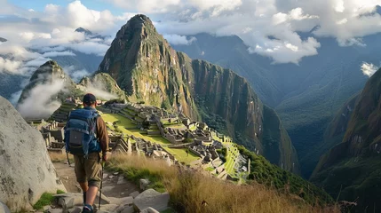 Photo sur Plexiglas Machu Picchu Hiking the Inca Trail to Machu Picchu, with stunning views of the Andes and the ancient city emerging at sunrise