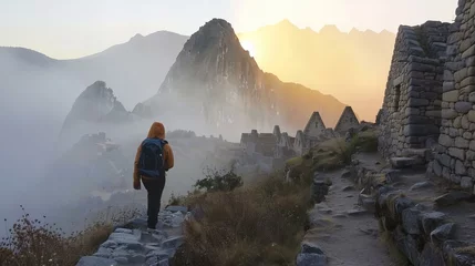 Crédence de cuisine en verre imprimé Machu Picchu Hiking the Inca Trail to Machu Picchu, with stunning views of the Andes and the ancient city emerging at sunrise