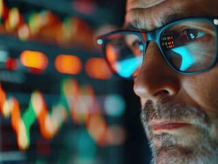 Close-up of a focused financial analyst with glasses reflecting market data charts, deep in analysis.