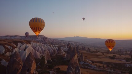 Hot air ballooning in Cappadocia, with the unique rock formations and fairy chimneys below at dawn