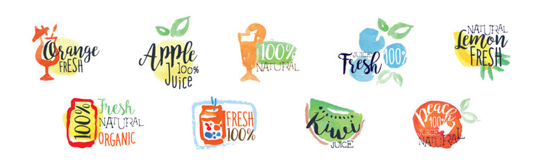 Juice and Fresh Watercolor Hand Drawn Label Vector Set