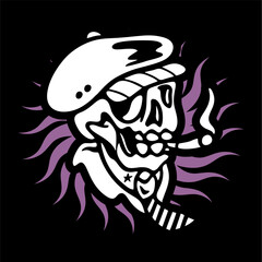 vector illustration artwork of skeleton skull head wearing flat cap classic hat with tie and smoking cigarette